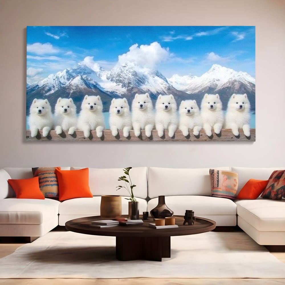 Tablou canvas cu tablou canvas cu sapte catei pe munti, fara rama, pe sasiu de lemn, pe perete intr-un living